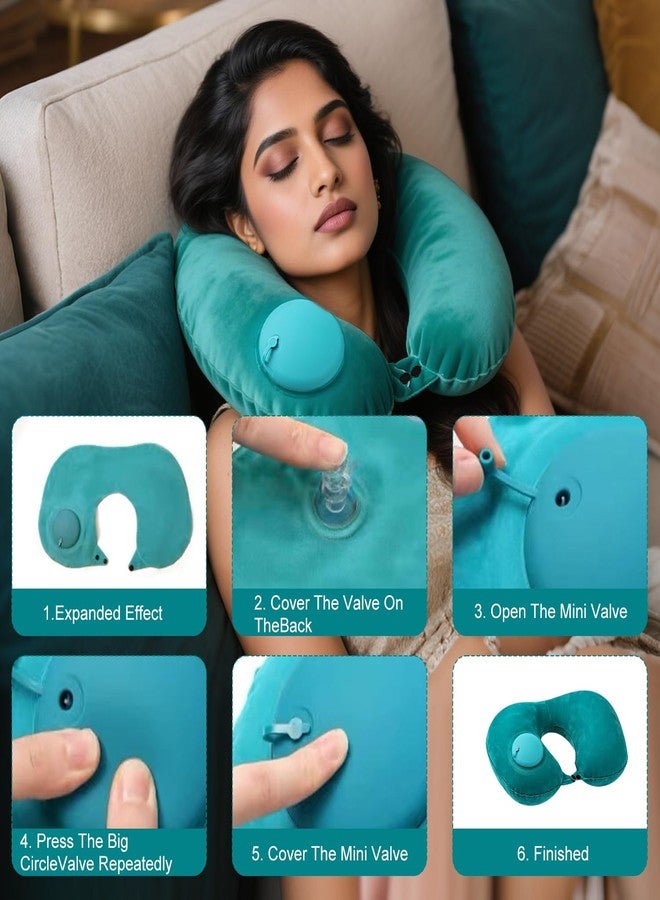 CoolShef وسادة رقبة قابلة للنفخ من كول شيف، وسادة هوائية على شكل حرف U مع سدادات أذن، وعصابة للعينين، وحقيبة صغيرة - وسادة سفر ناعمة للطائرة والقطار والسيارة والقيلولة في المكتب - Image 5